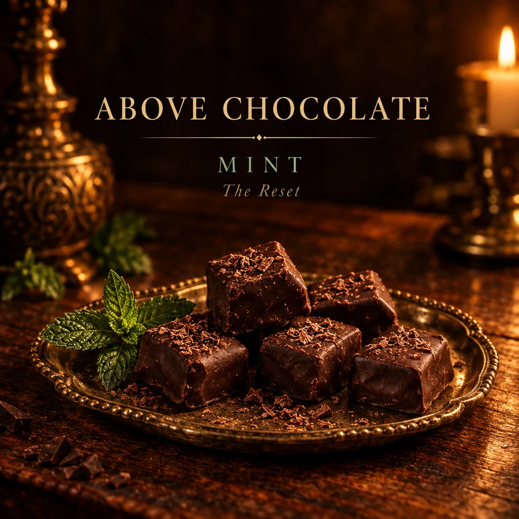 Handcrafted 70% dark chocolate mint bites dusted with cacao on a brass plate with fresh mint